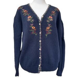 Vintage Sweater Floral Embroidered Cardigan Button Front Size M Blue Cotton Knit